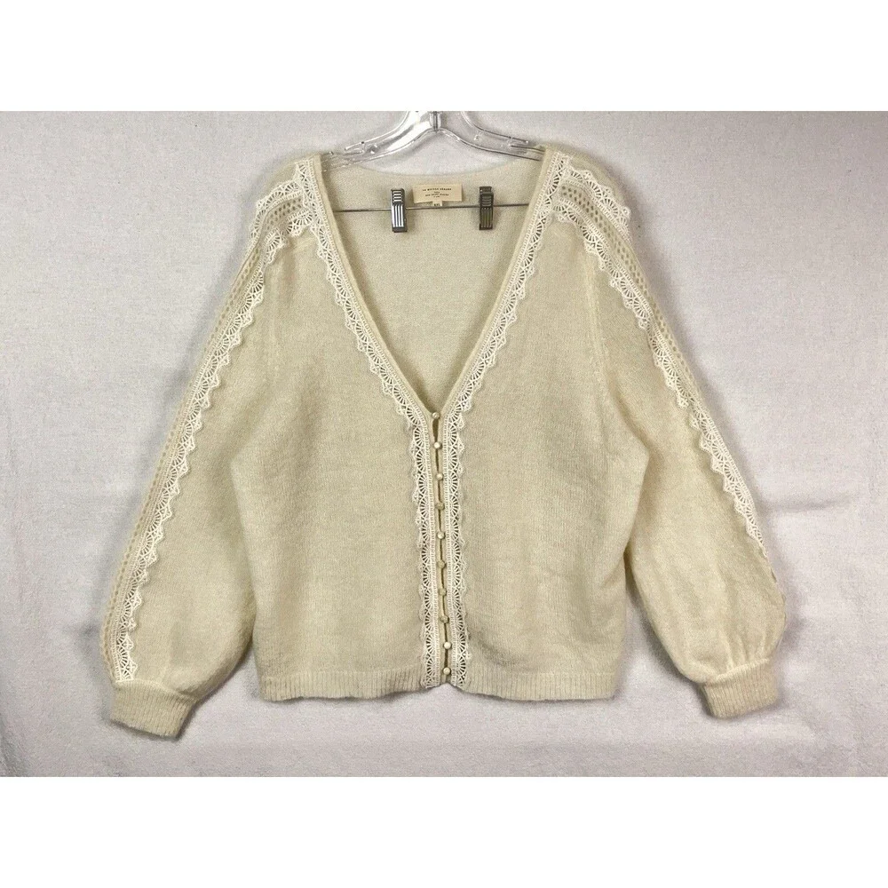 Sézane Women XXL Cardigan La Maille Lace Trim Pearl Button Kid Mohair Wool Ivory